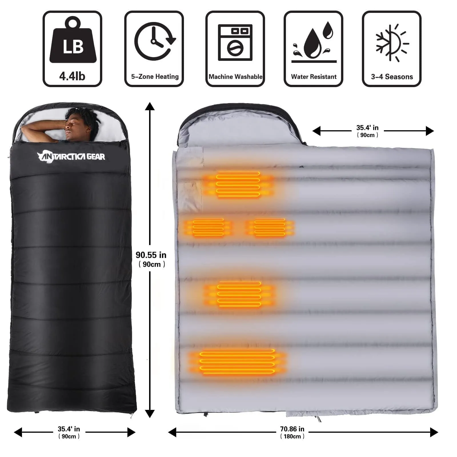Antarctica Gear Heated Sleeping Bag For Adults 3 - With 16000mah 12v Battery Pack - Cold Weather Sleeping Bag For All Season Hiking & Camping - Black
