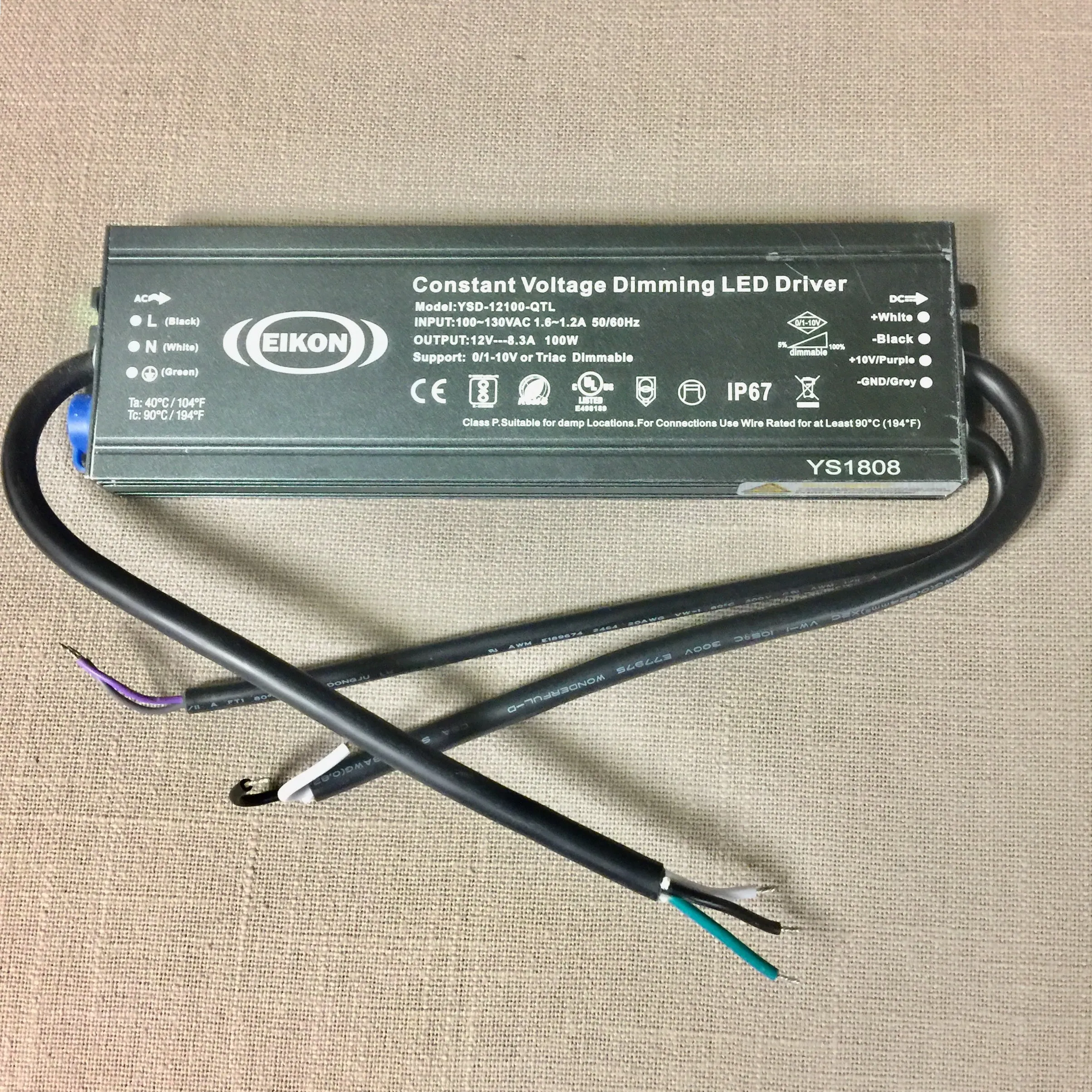 Eikon Ultra Slim UL 12V 100 Watt Constant Voltage Triac Dimmable IP67 Waterproof LED Driver YSD-12100-QTL