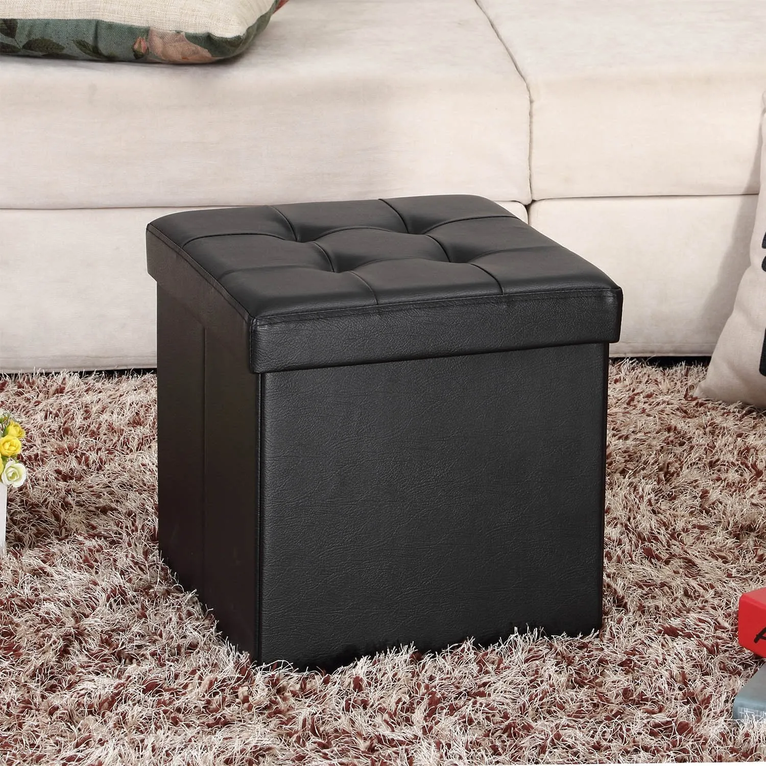 Folding Ottoman Storage Cube Footstool Stool Blanket Box Pouf Faux Leather Linen