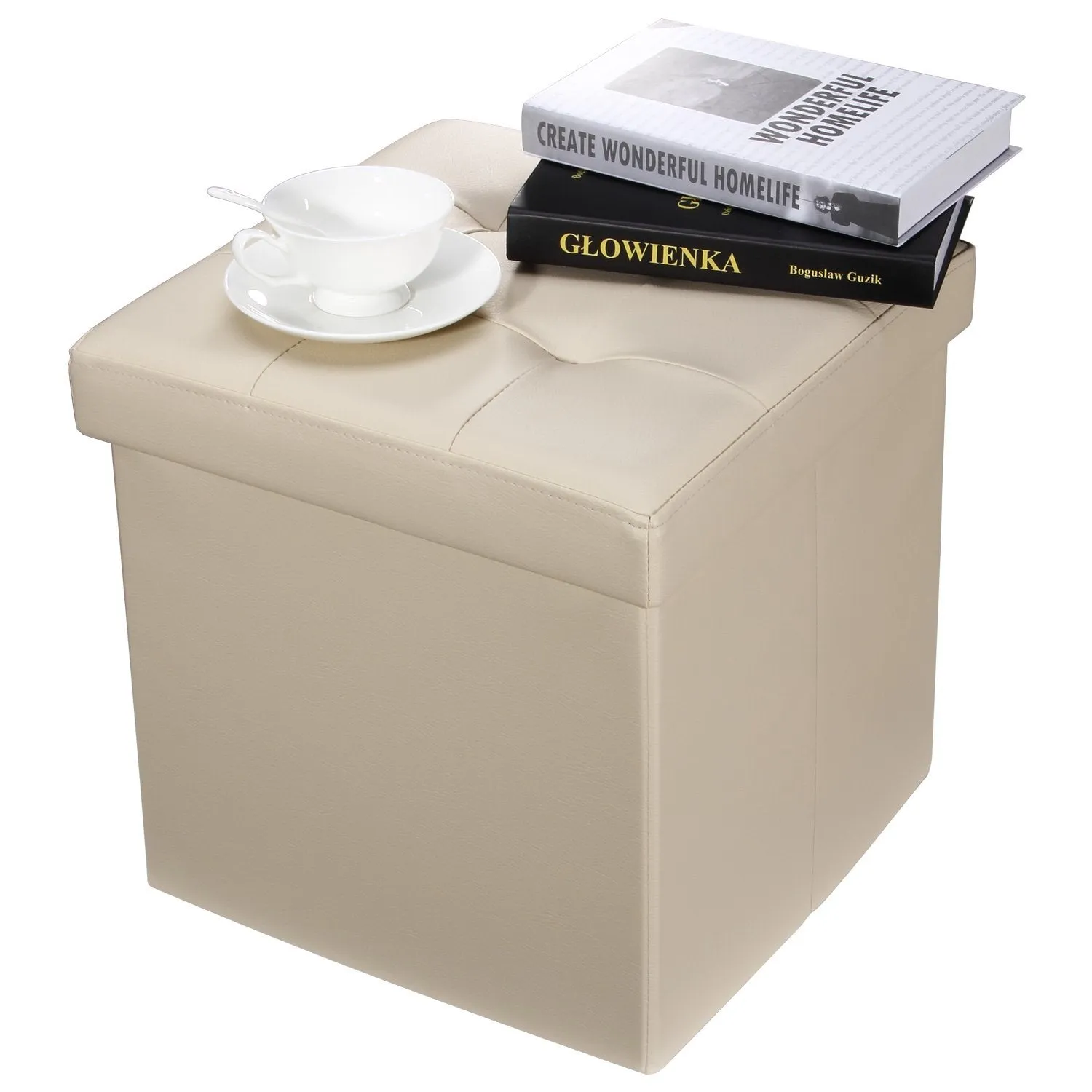 Folding Ottoman Storage Cube Footstool Stool Blanket Box Pouf Faux Leather Linen