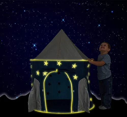 FoxPrint Rocket Ship Tent - Space Themed Pretend Play Tent - Space Play House - Spaceship Tent For Kids - Foldable Pop Up Star Play Tent Blue