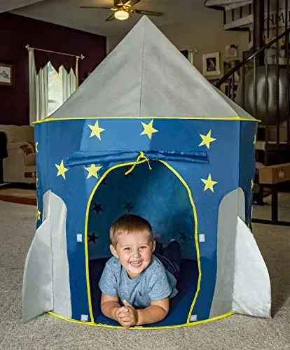 FoxPrint Rocket Ship Tent - Space Themed Pretend Play Tent - Space Play House - Spaceship Tent For Kids - Foldable Pop Up Star Play Tent Blue