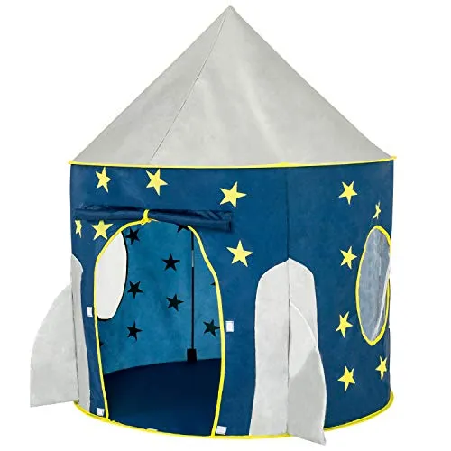 FoxPrint Rocket Ship Tent - Space Themed Pretend Play Tent - Space Play House - Spaceship Tent For Kids - Foldable Pop Up Star Play Tent Blue
