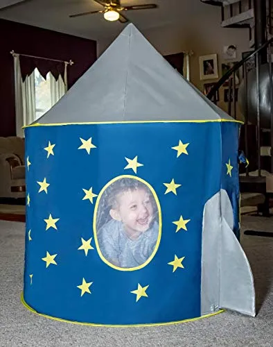 FoxPrint Rocket Ship Tent - Space Themed Pretend Play Tent - Space Play House - Spaceship Tent For Kids - Foldable Pop Up Star Play Tent Blue