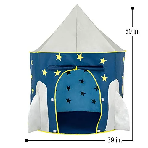 FoxPrint Rocket Ship Tent - Space Themed Pretend Play Tent - Space Play House - Spaceship Tent For Kids - Foldable Pop Up Star Play Tent Blue