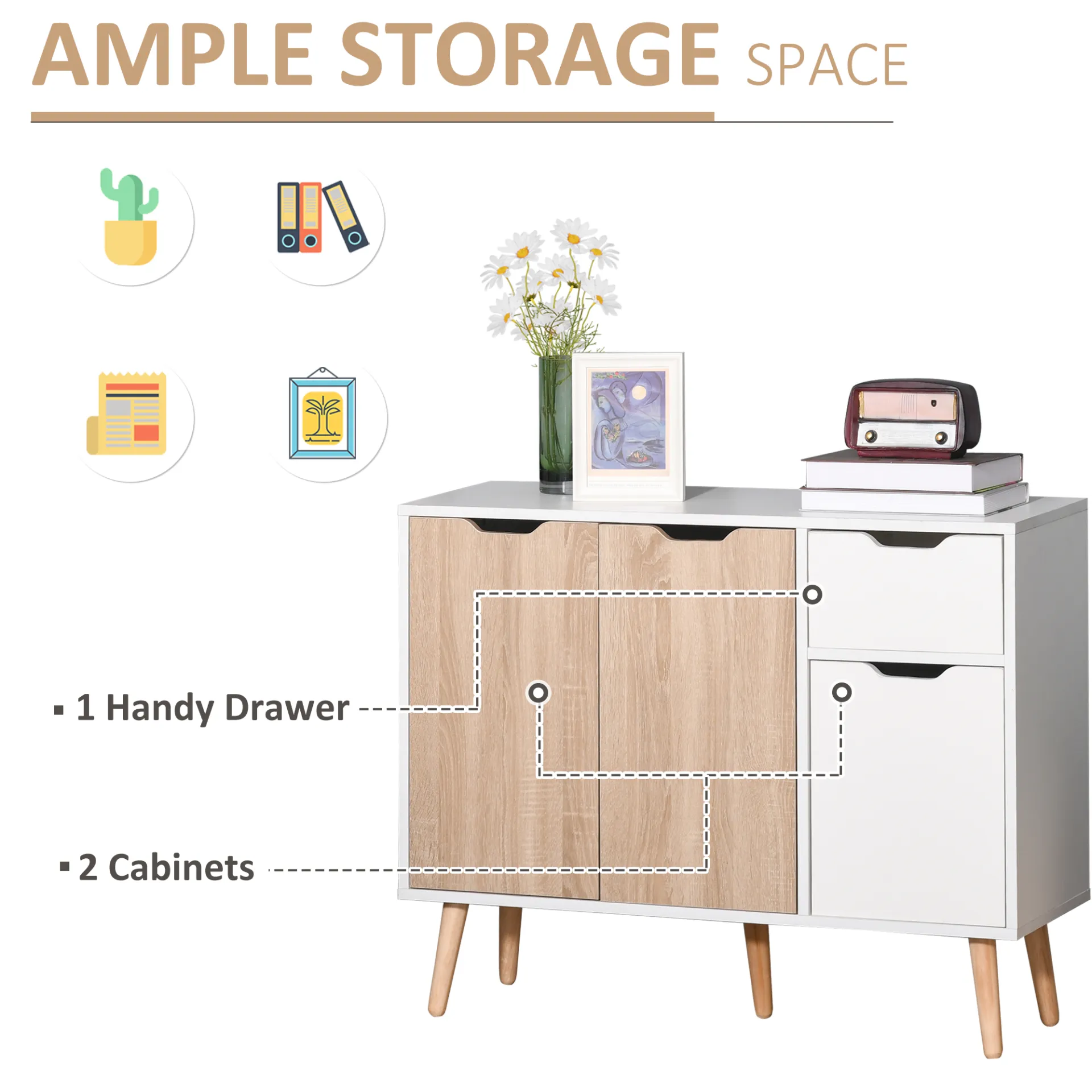 HOMCOM Sideboard Storage Cabinet with Drawer - Scandinavian Style for Bedroom, Living Room, Home Office - Natural Finish