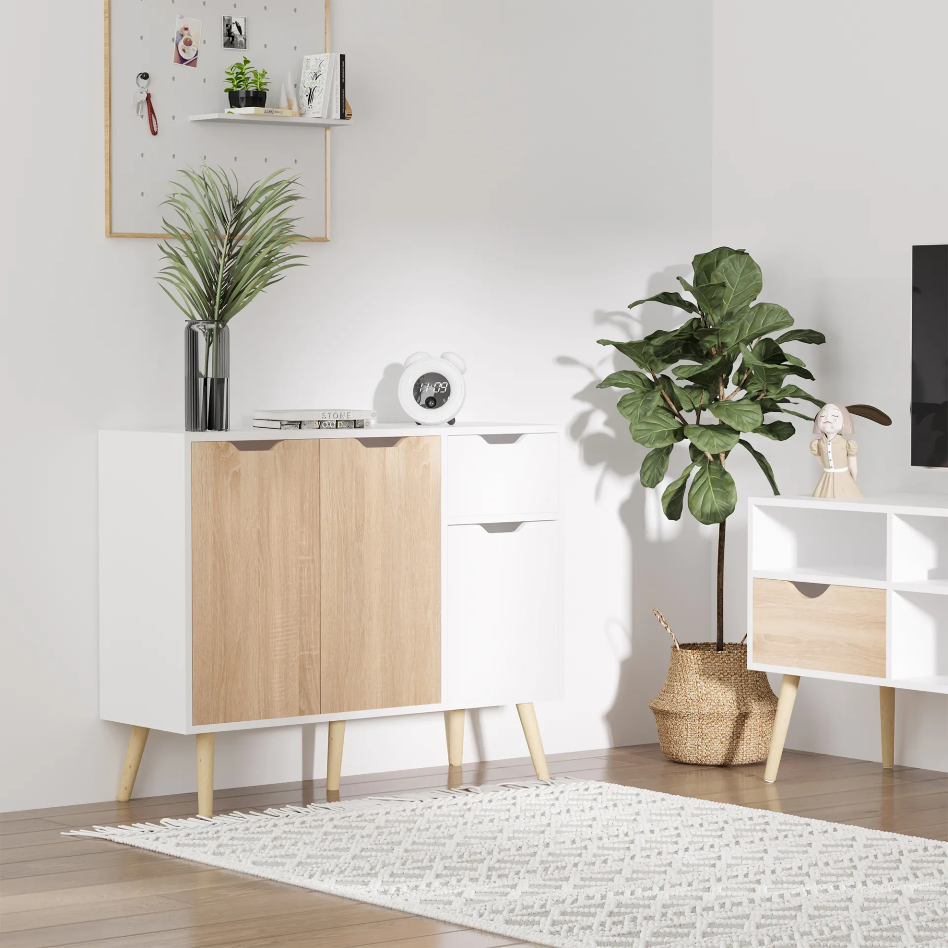 HOMCOM Sideboard Storage Cabinet with Drawer - Scandinavian Style for Bedroom, Living Room, Home Office - Natural Finish