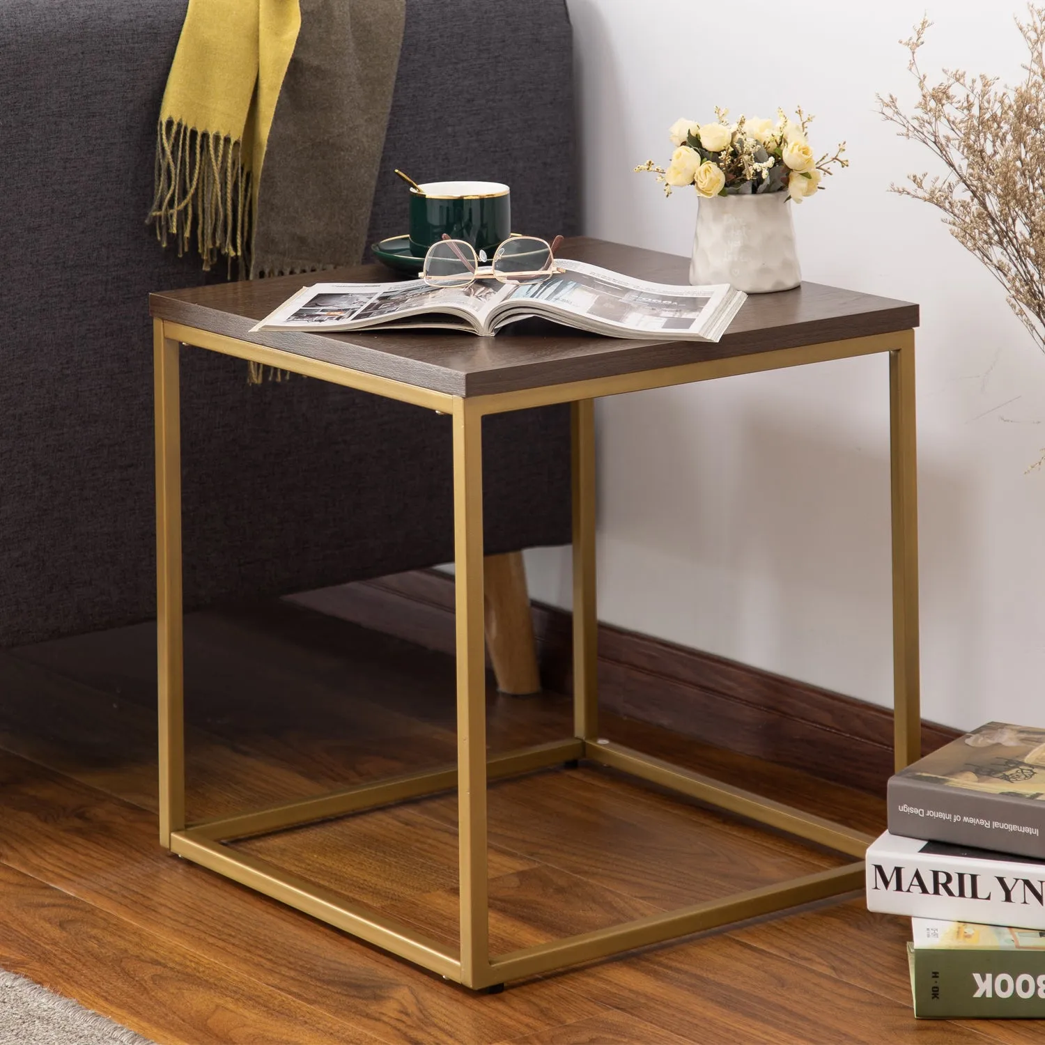 Regis Side Table/ End Table/ Nightstand (Walnut/Gold, 45 x 45 x 46(H) cm)