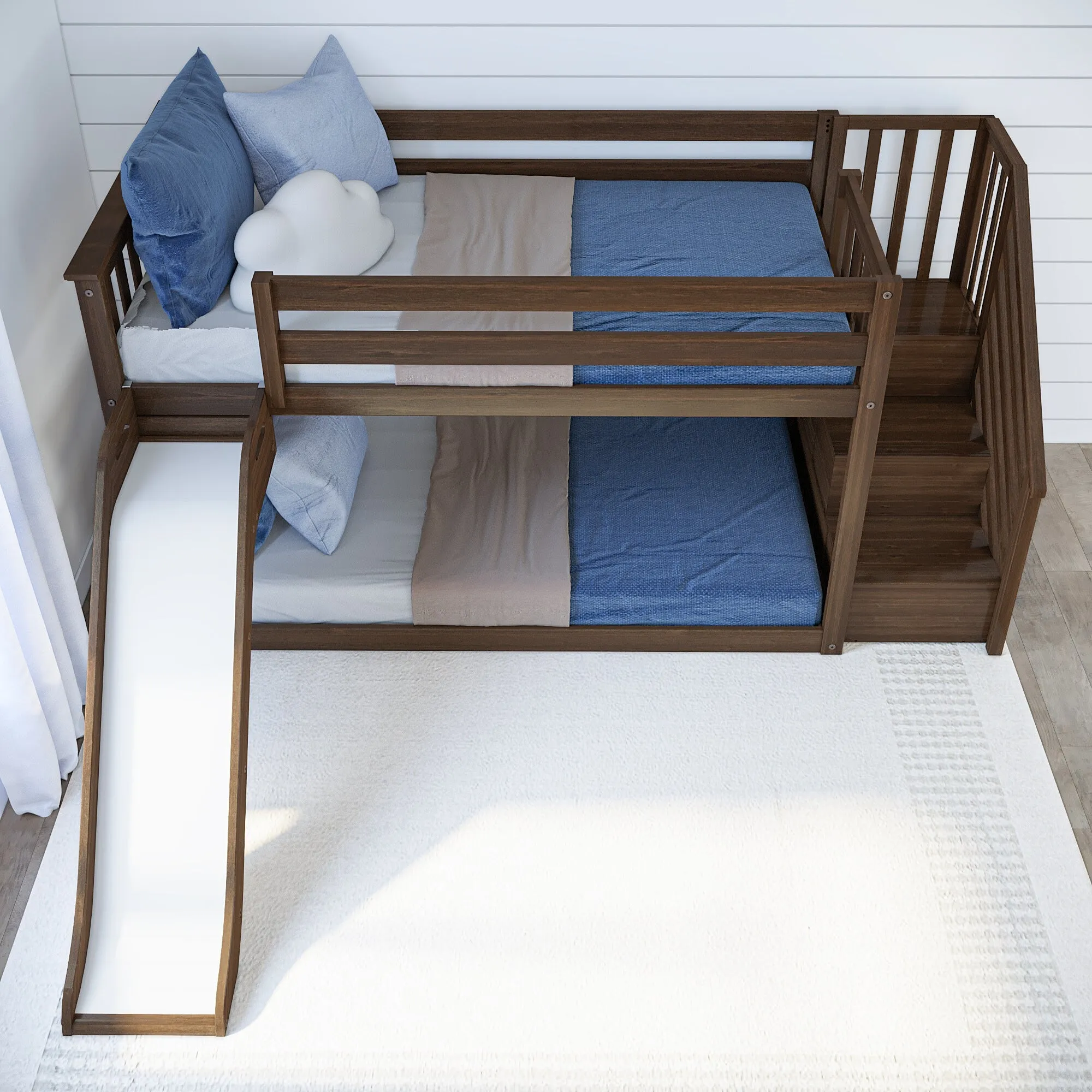 Twin Over Twin Low Bunk Bed With Easy Slide & Stairs