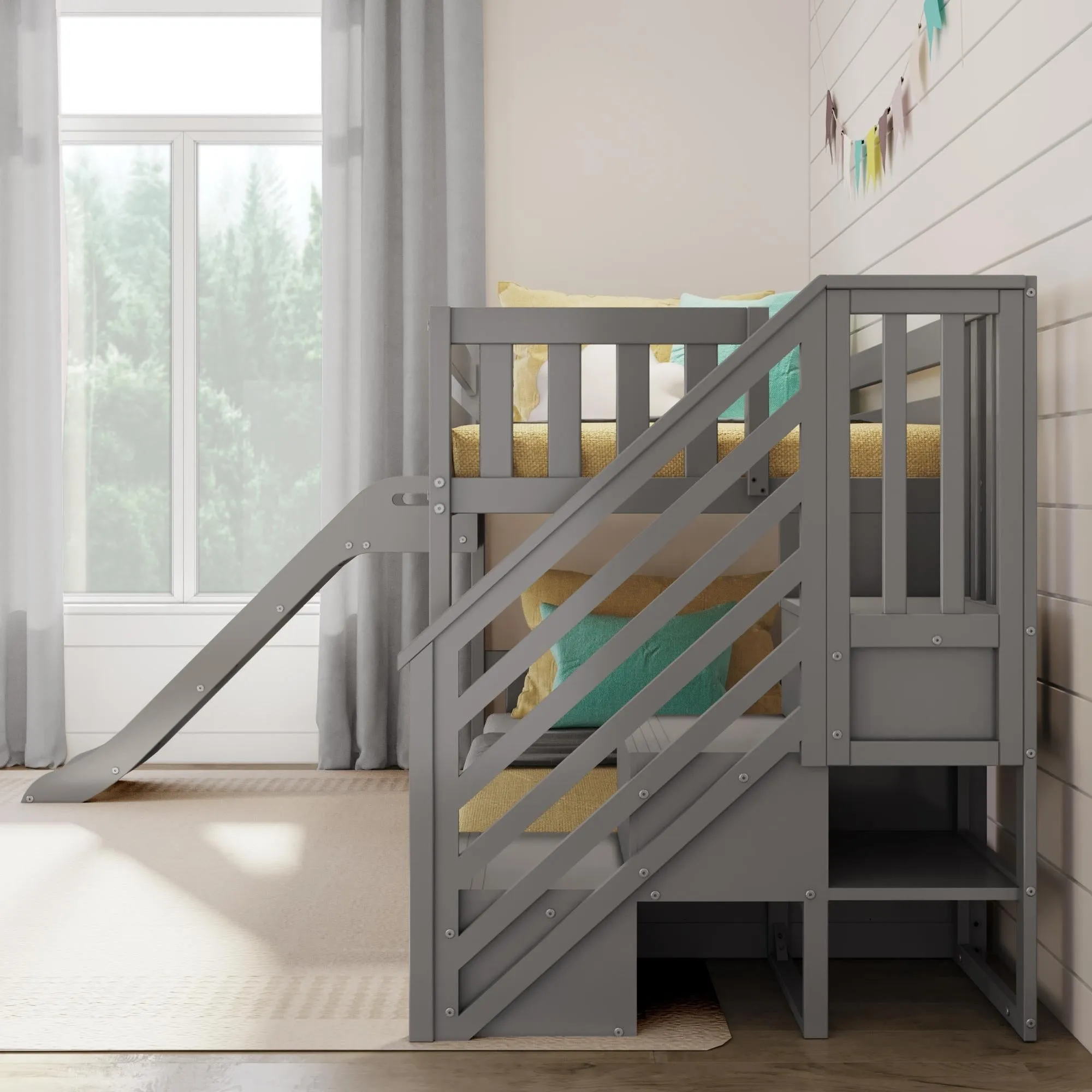 Twin Over Twin Low Bunk Bed With Easy Slide & Stairs