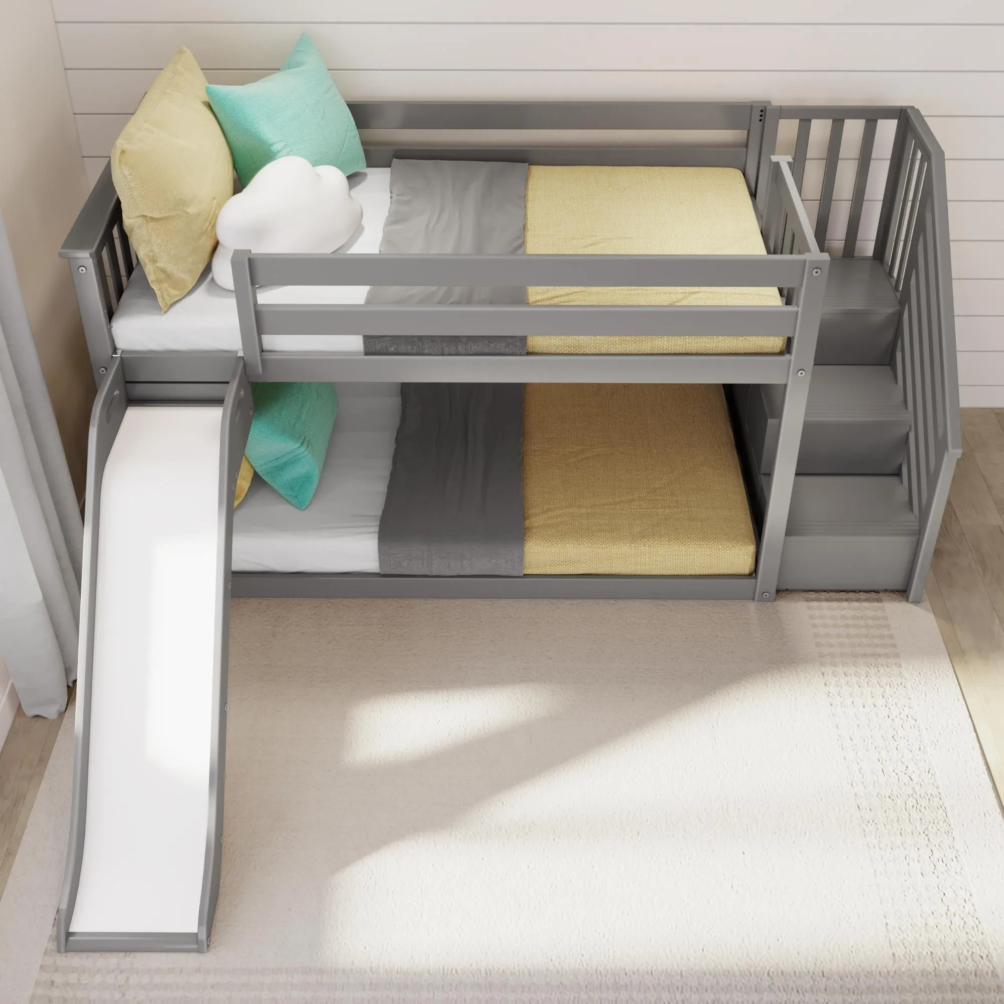 Twin Over Twin Low Bunk Bed With Easy Slide & Stairs