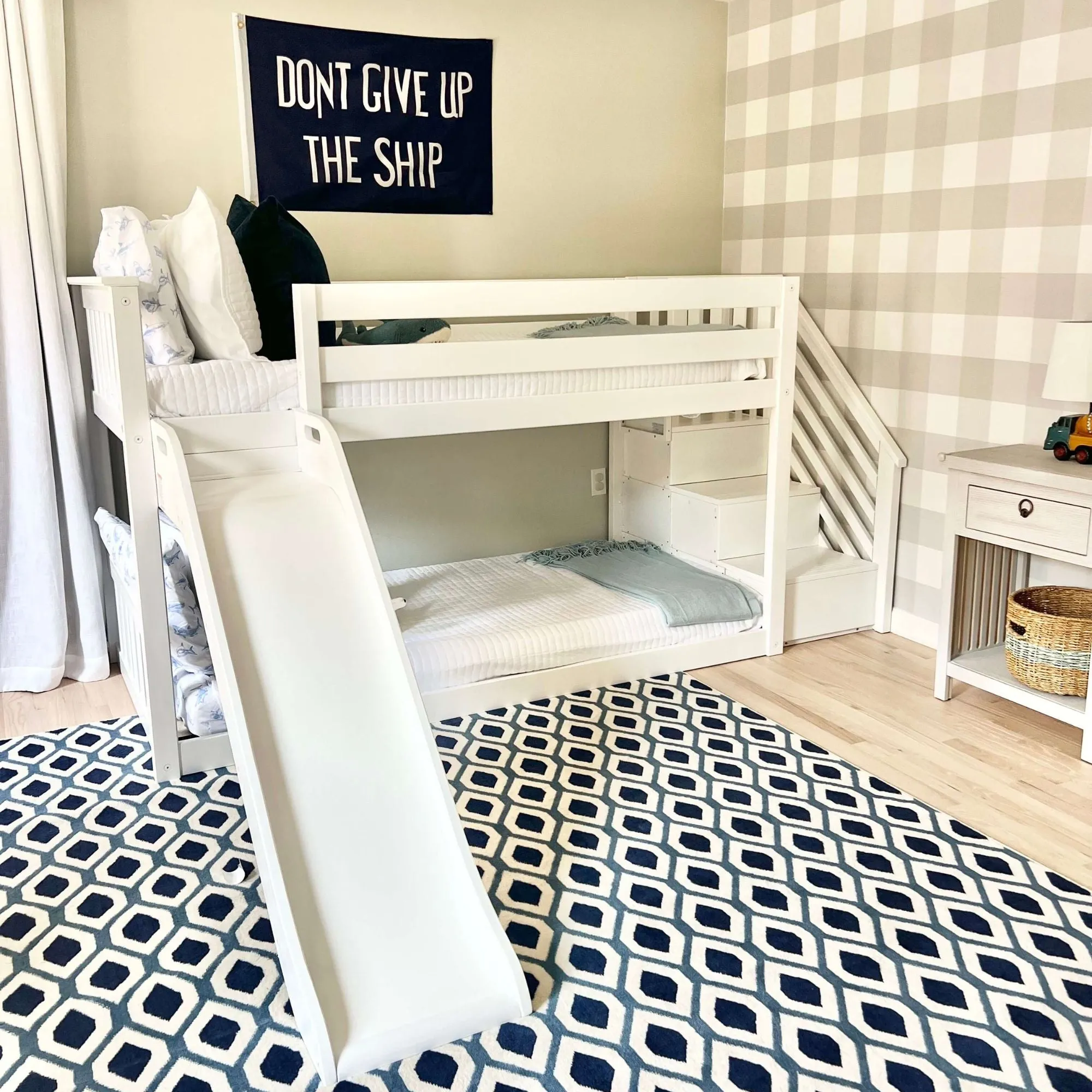 Twin Over Twin Low Bunk Bed With Easy Slide & Stairs
