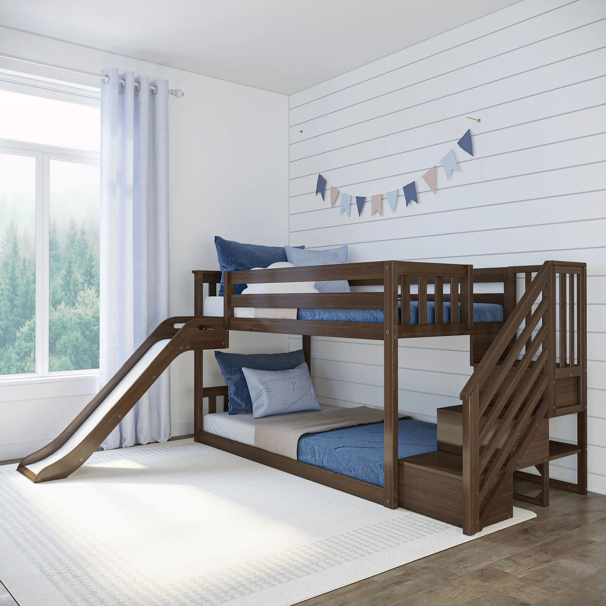Twin Over Twin Low Bunk Bed With Easy Slide & Stairs