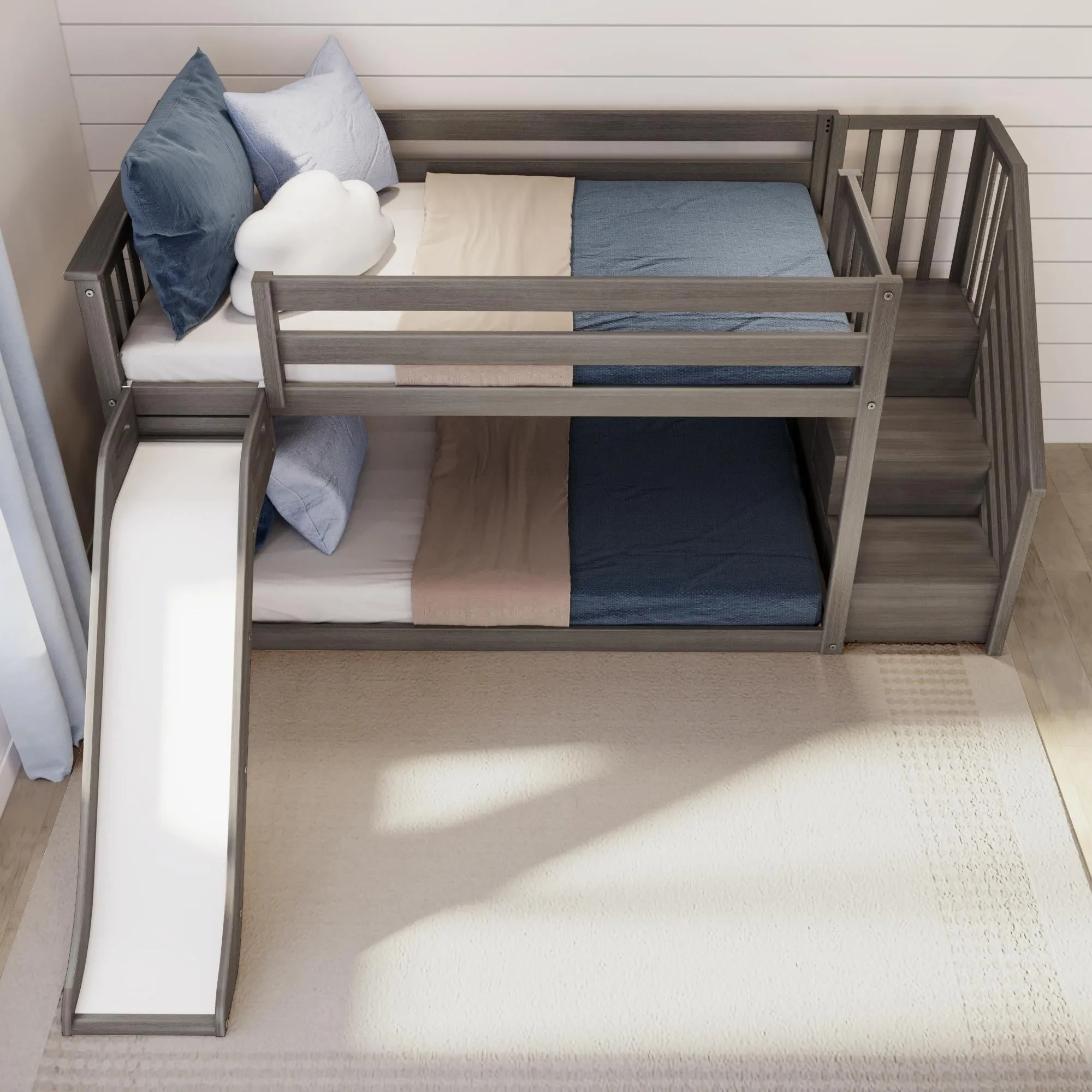 Twin Over Twin Low Bunk Bed With Easy Slide & Stairs