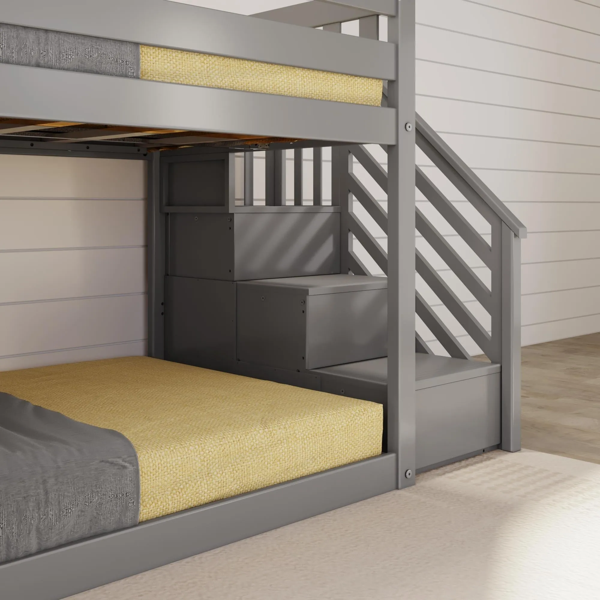 Twin Over Twin Low Bunk Bed With Easy Slide & Stairs