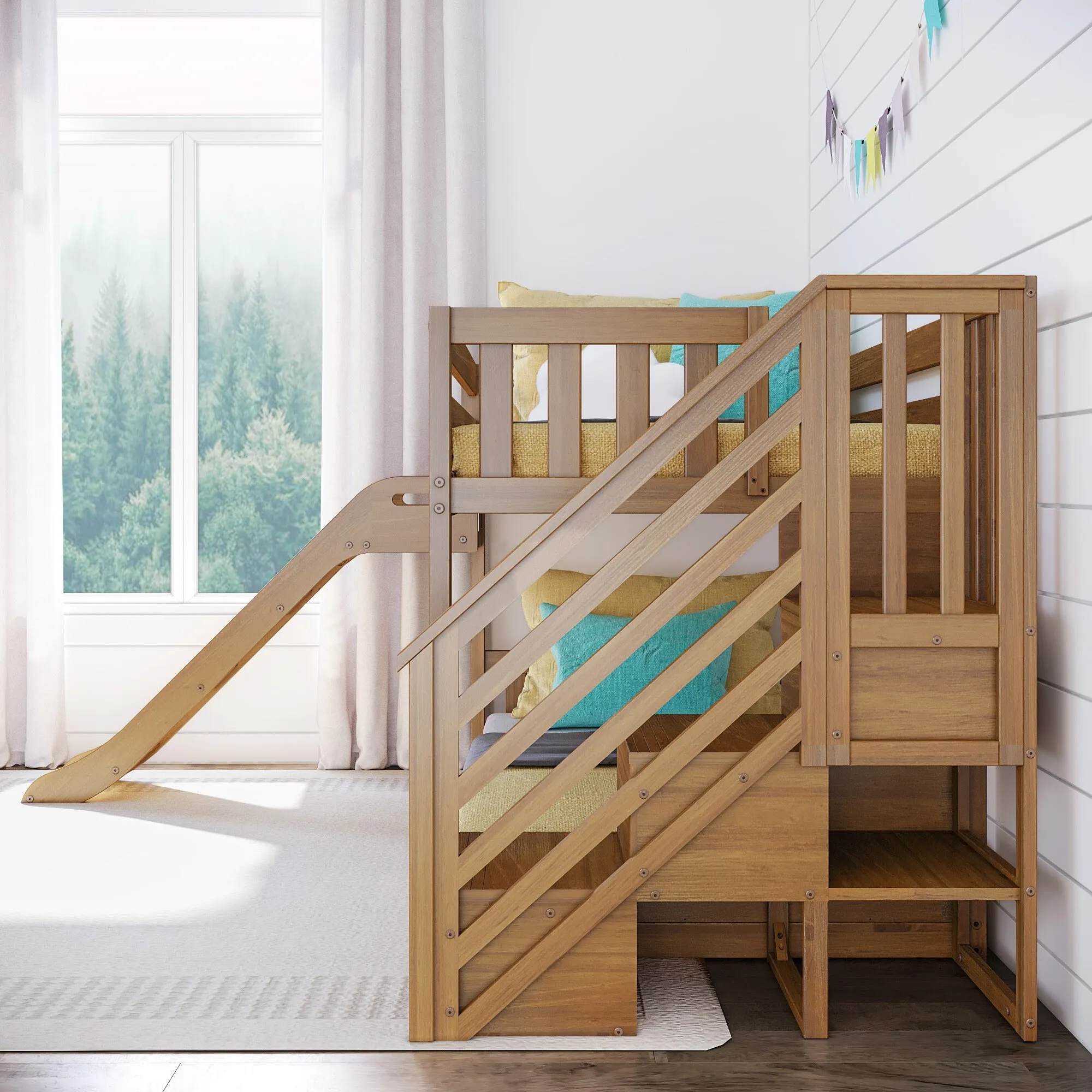 Twin Over Twin Low Bunk Bed With Easy Slide & Stairs