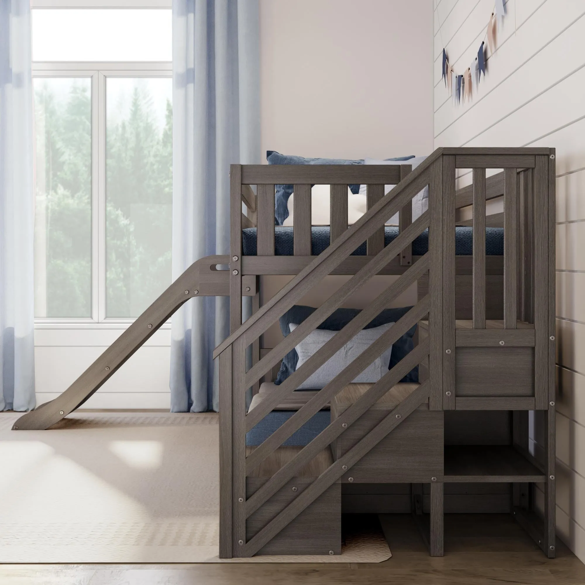 Twin Over Twin Low Bunk Bed With Easy Slide & Stairs