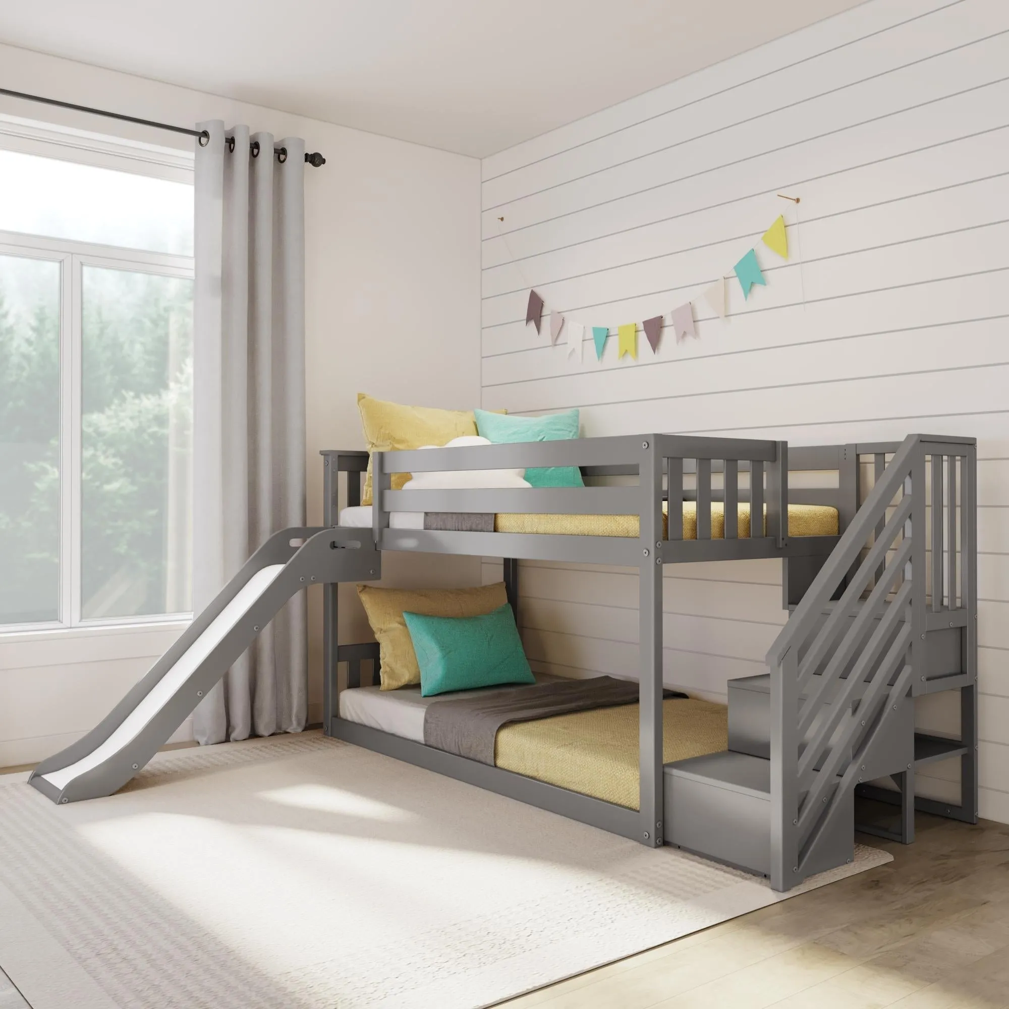 Twin Over Twin Low Bunk Bed With Easy Slide & Stairs