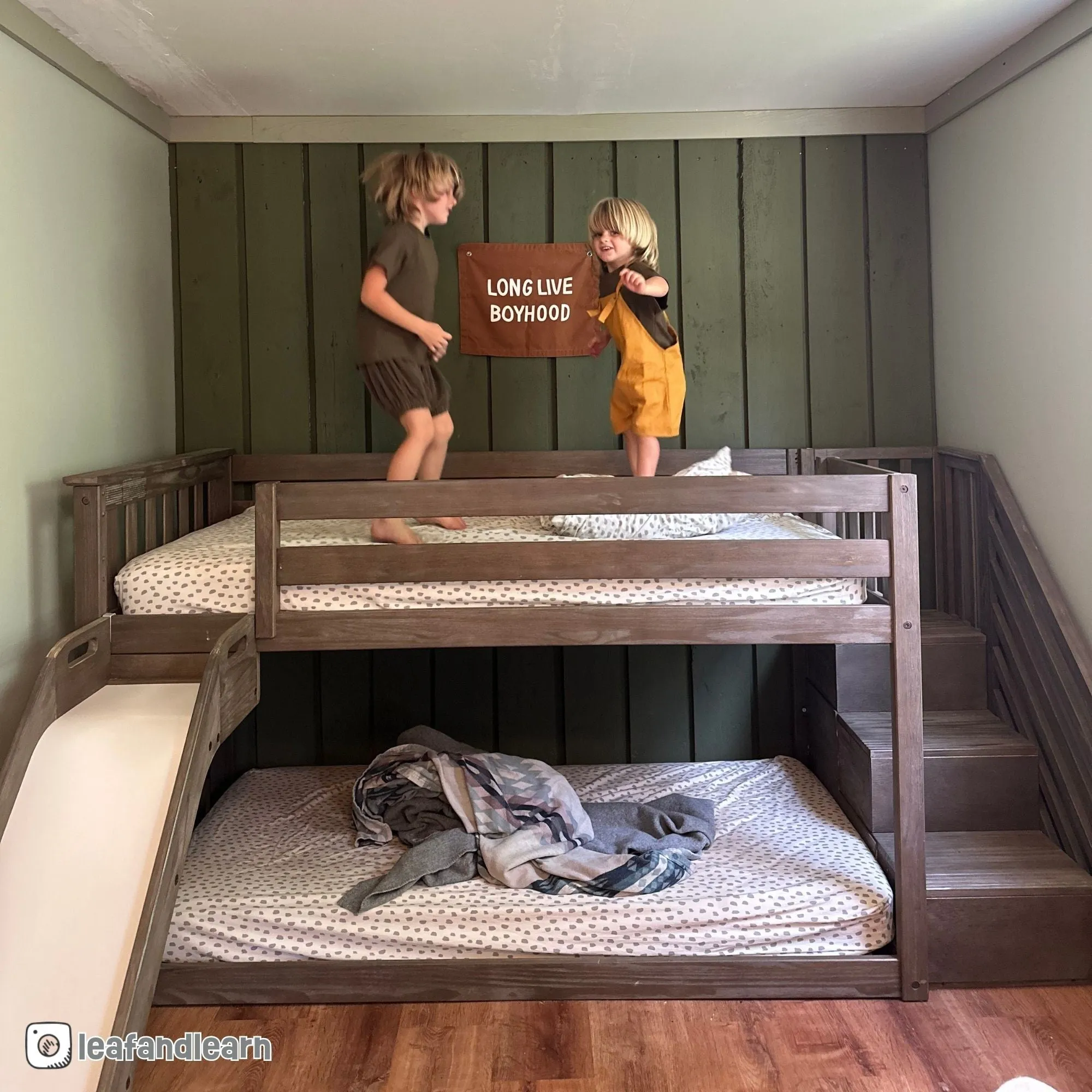 Twin Over Twin Low Bunk Bed With Easy Slide & Stairs