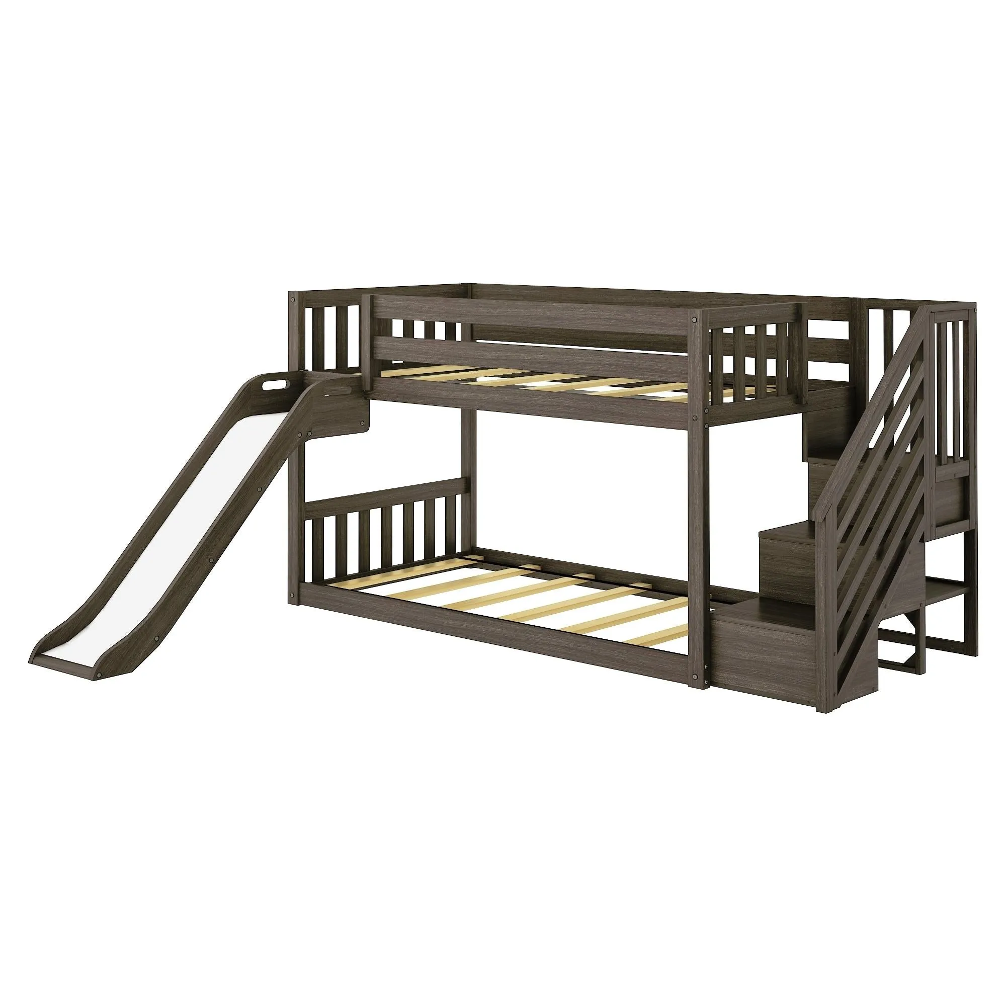 Twin Over Twin Low Bunk Bed With Easy Slide & Stairs