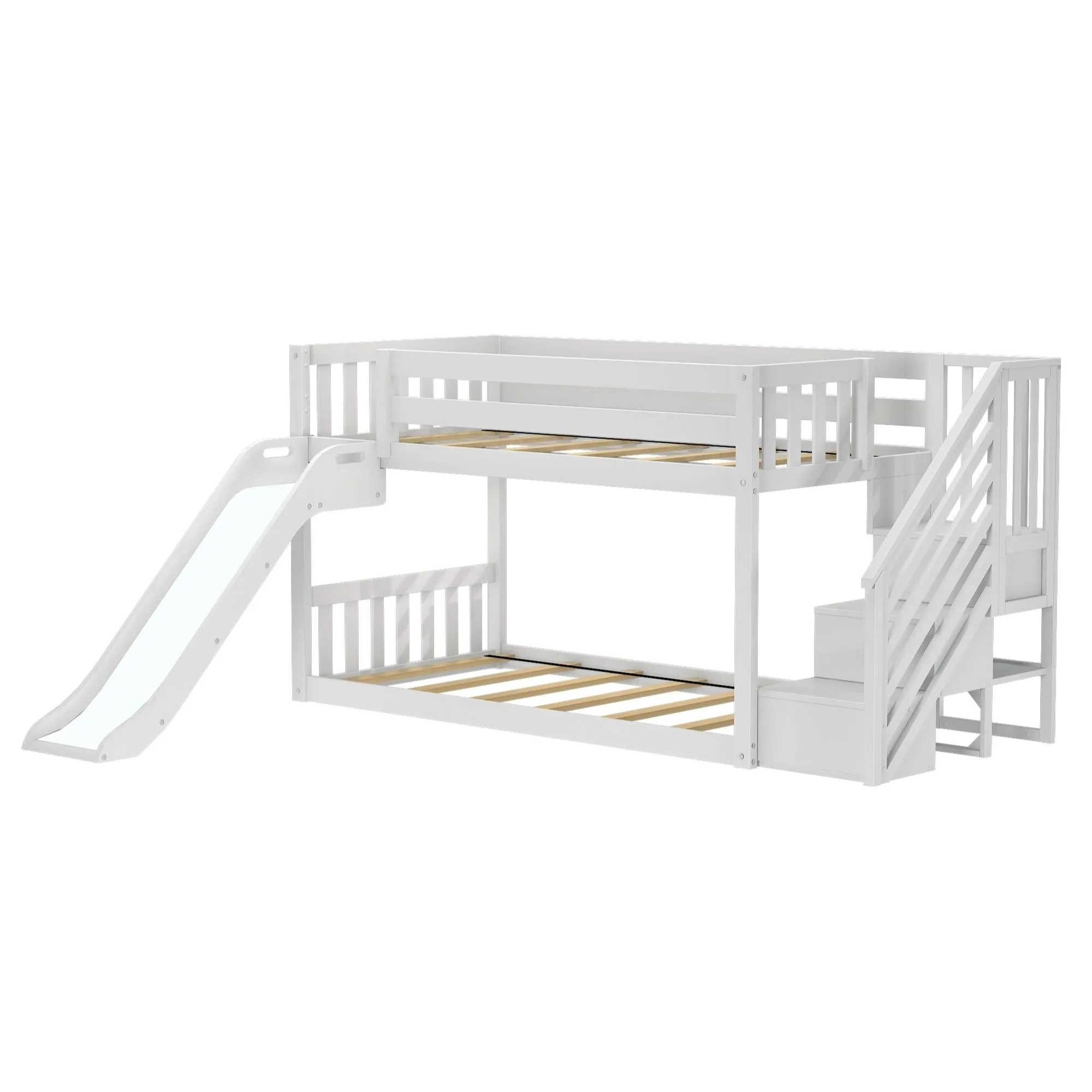 Twin Over Twin Low Bunk Bed With Easy Slide & Stairs