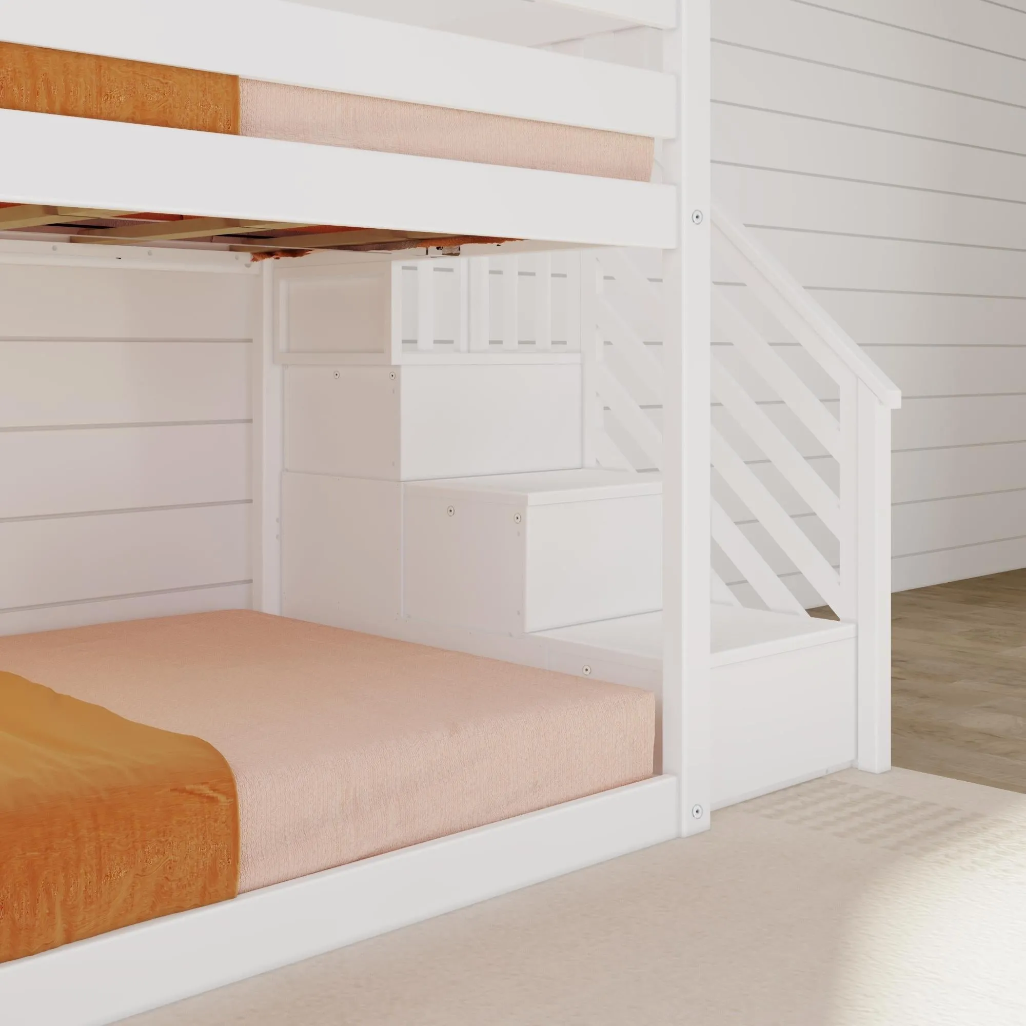 Twin Over Twin Low Bunk Bed With Easy Slide & Stairs