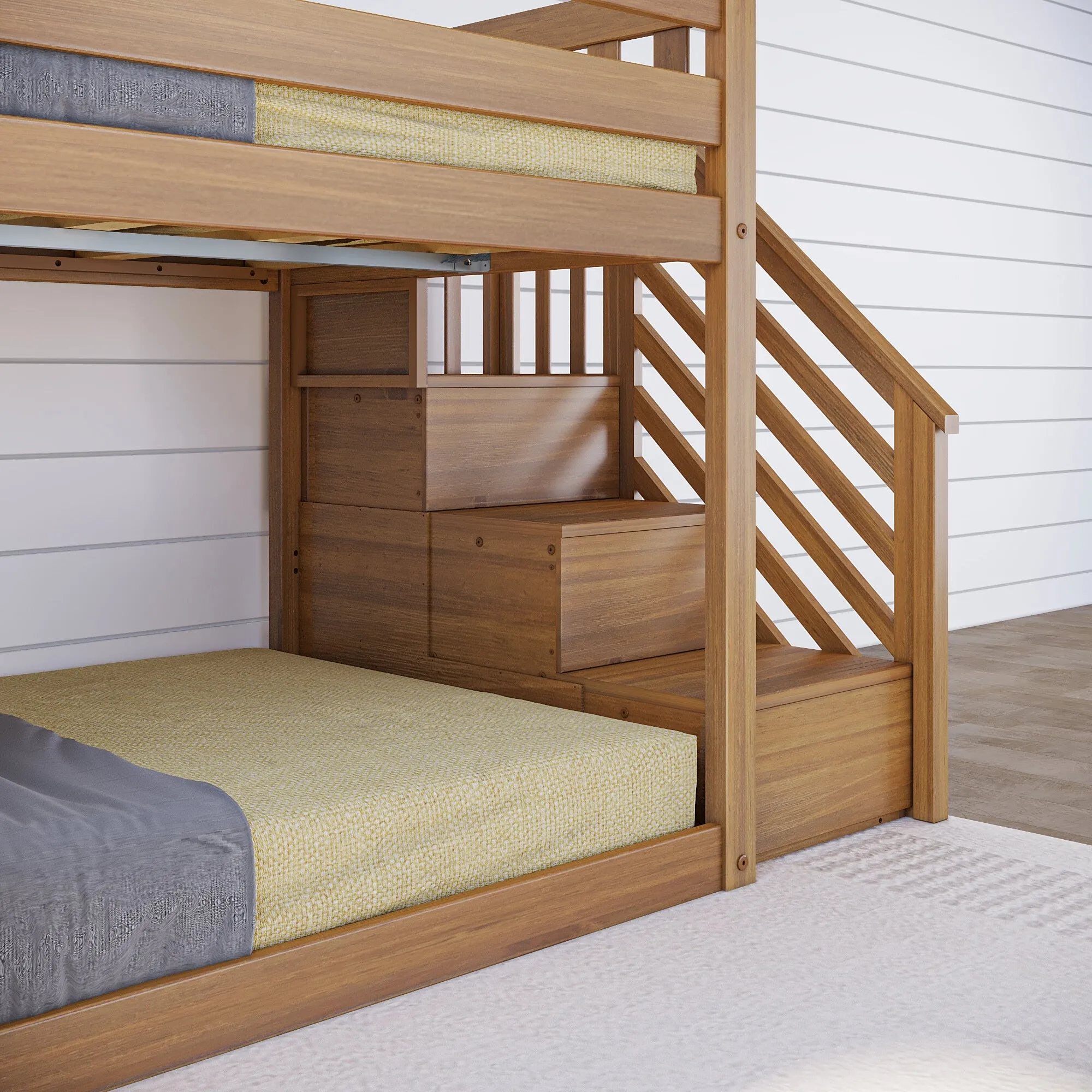 Twin Over Twin Low Bunk Bed With Easy Slide & Stairs
