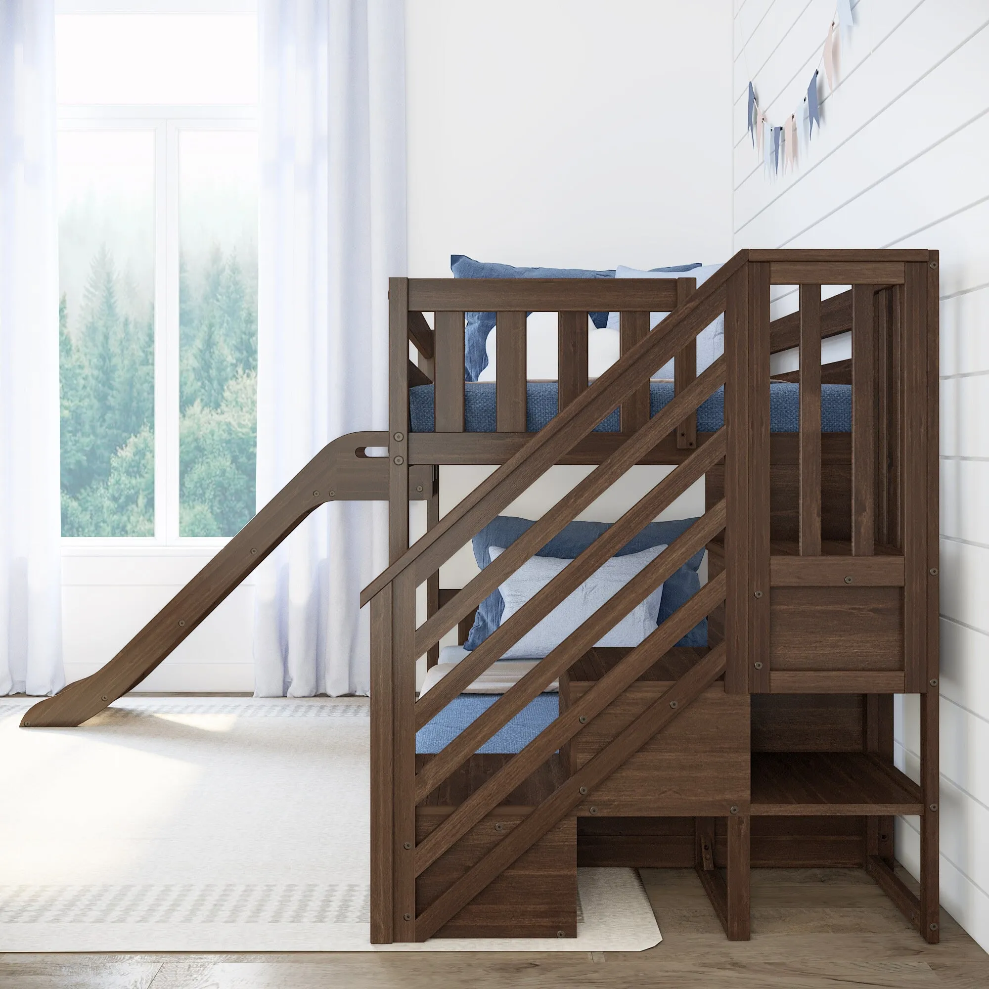 Twin Over Twin Low Bunk Bed With Easy Slide & Stairs