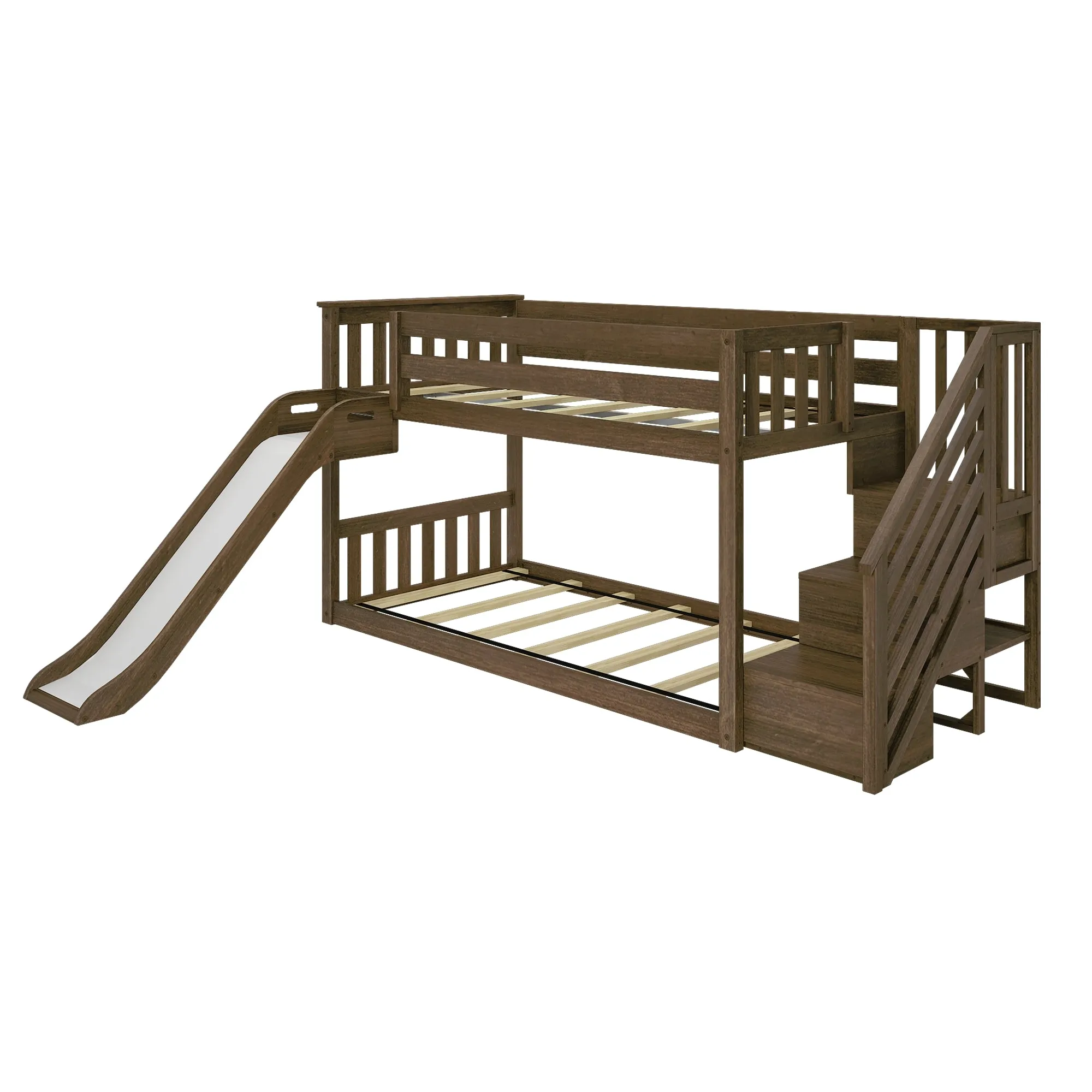 Twin Over Twin Low Bunk Bed With Easy Slide & Stairs