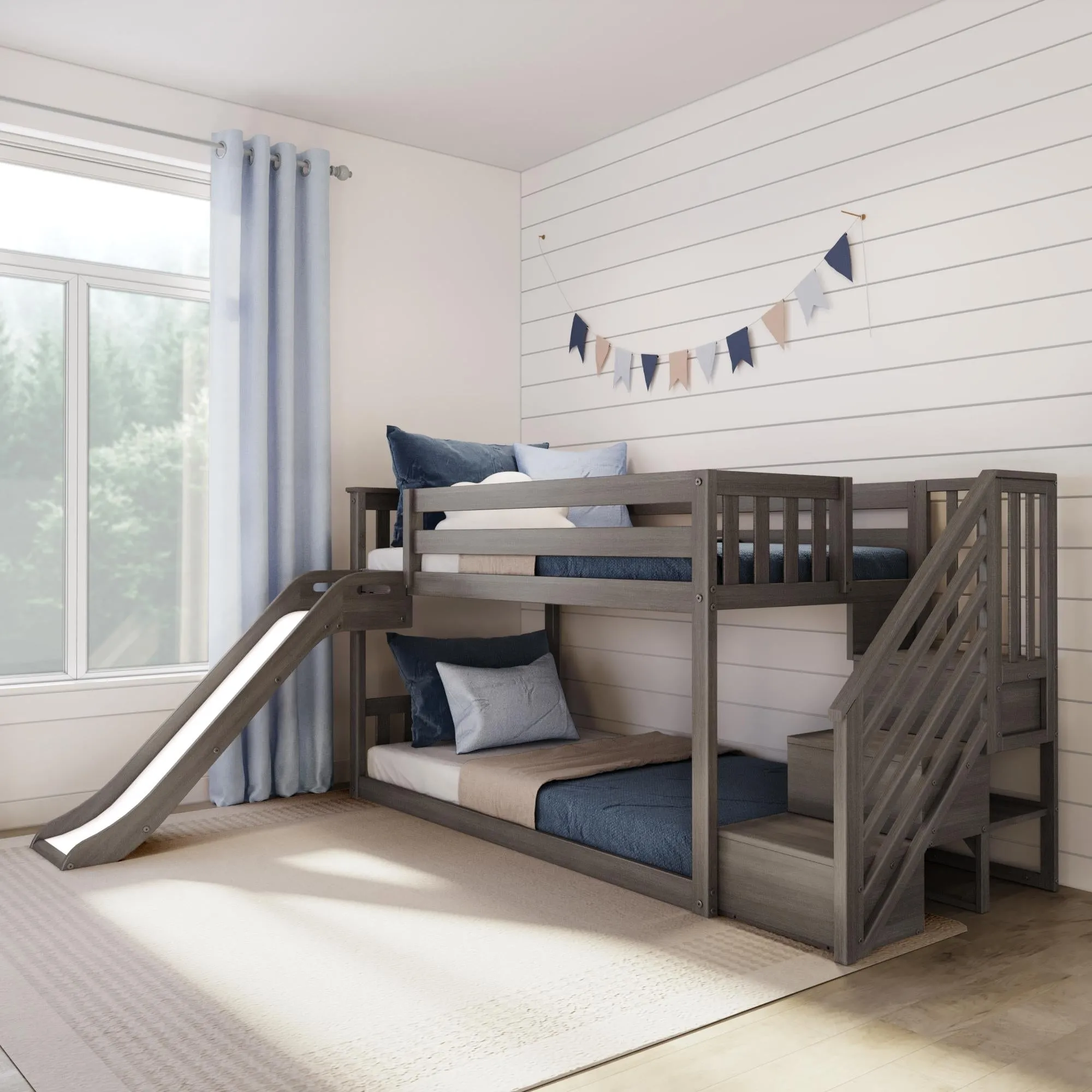 Twin Over Twin Low Bunk Bed With Easy Slide & Stairs