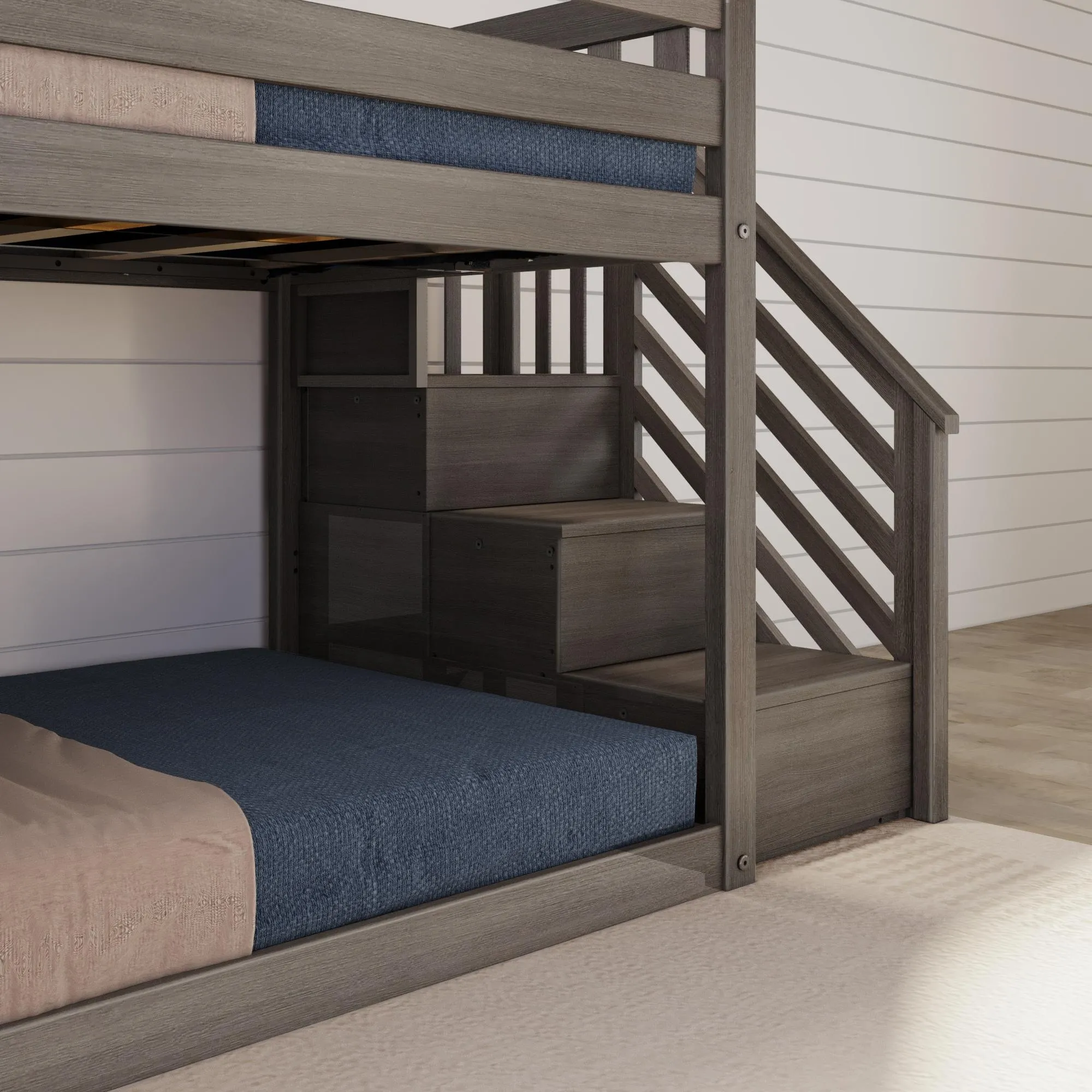 Twin Over Twin Low Bunk Bed With Easy Slide & Stairs