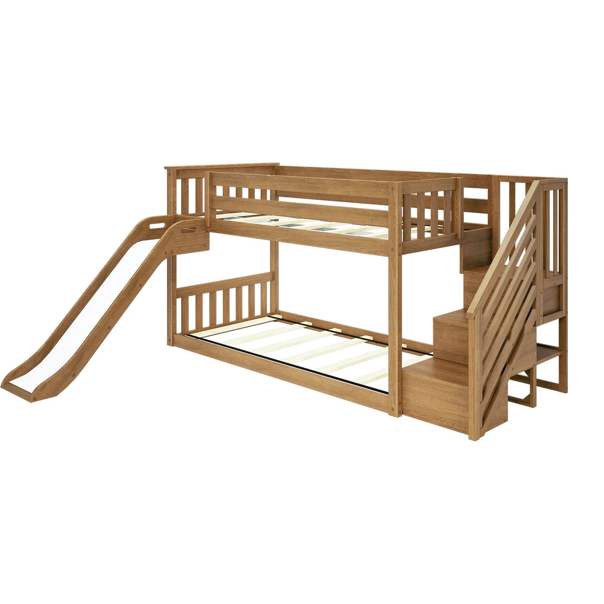 Twin Over Twin Low Bunk Bed With Easy Slide & Stairs