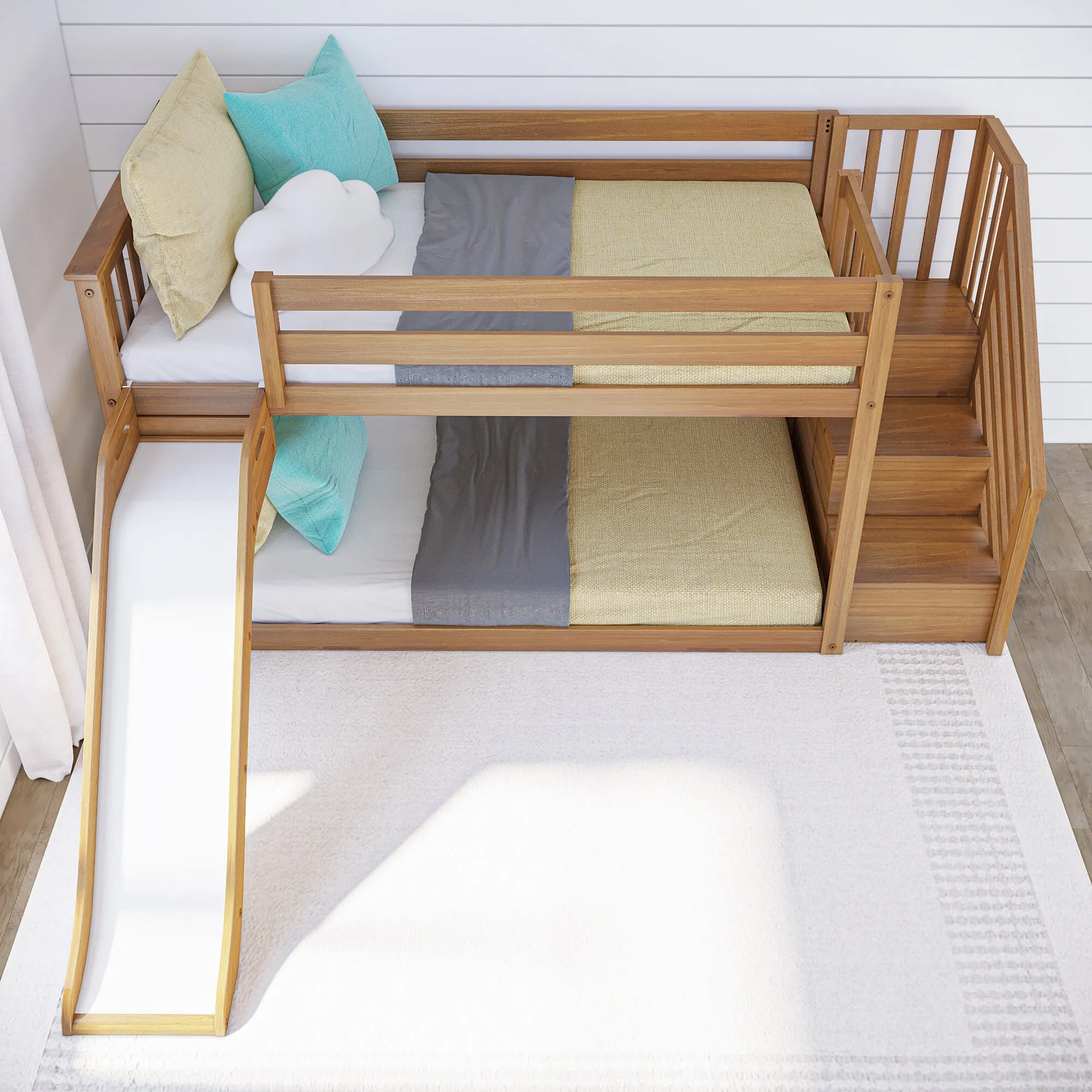 Twin Over Twin Low Bunk Bed With Easy Slide & Stairs